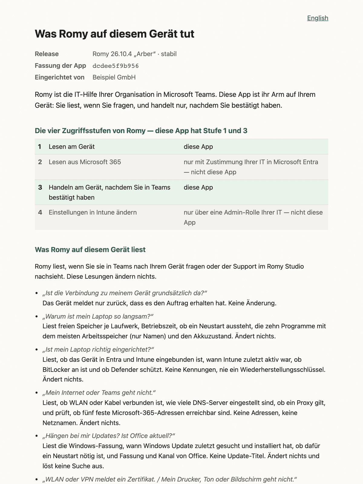 The notice page “What Romy does on this device” with release, version, the four access levels and what Romy reads.