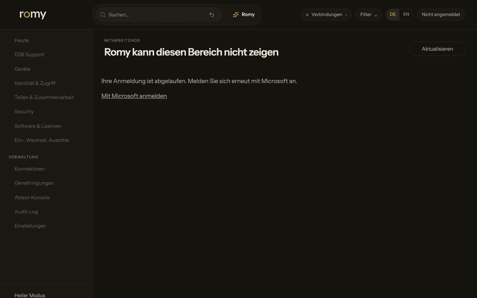 The Romy portal before sign-in, with the navigation on the left and a prompt to sign in with Microsoft.