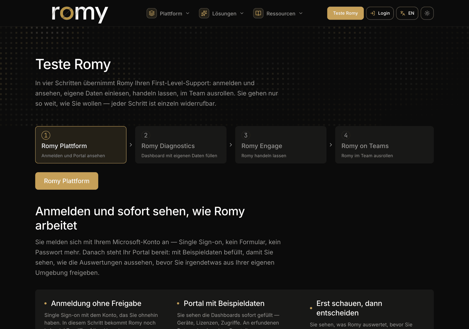The Test Romy page with the four steps Platform, Diagnostics, Engage and Teams.